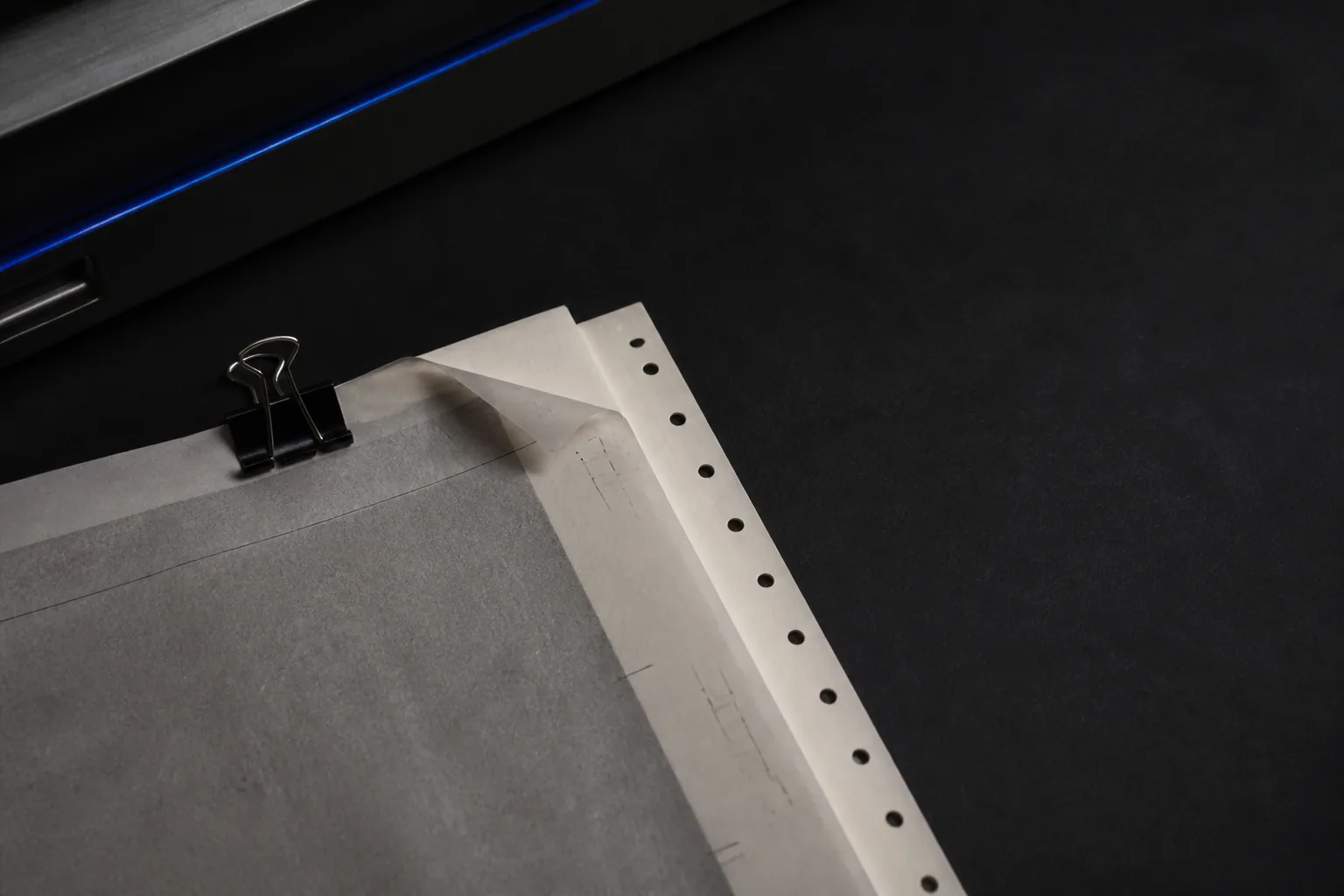 Clipped source packet on a dark archival surface